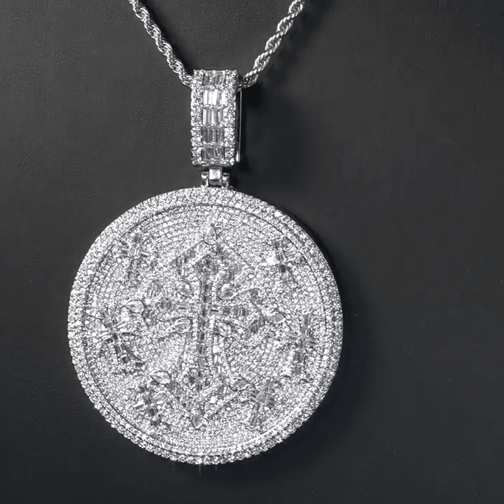 Iced Out Moissanite Round Cross Pendant — VVS Gold Plated Hip Hop Medallion Necklace 24" Rope Chain, White Gold / Two-Tone 3mm Rope Chain 24" - KRWN Fine Jewelry