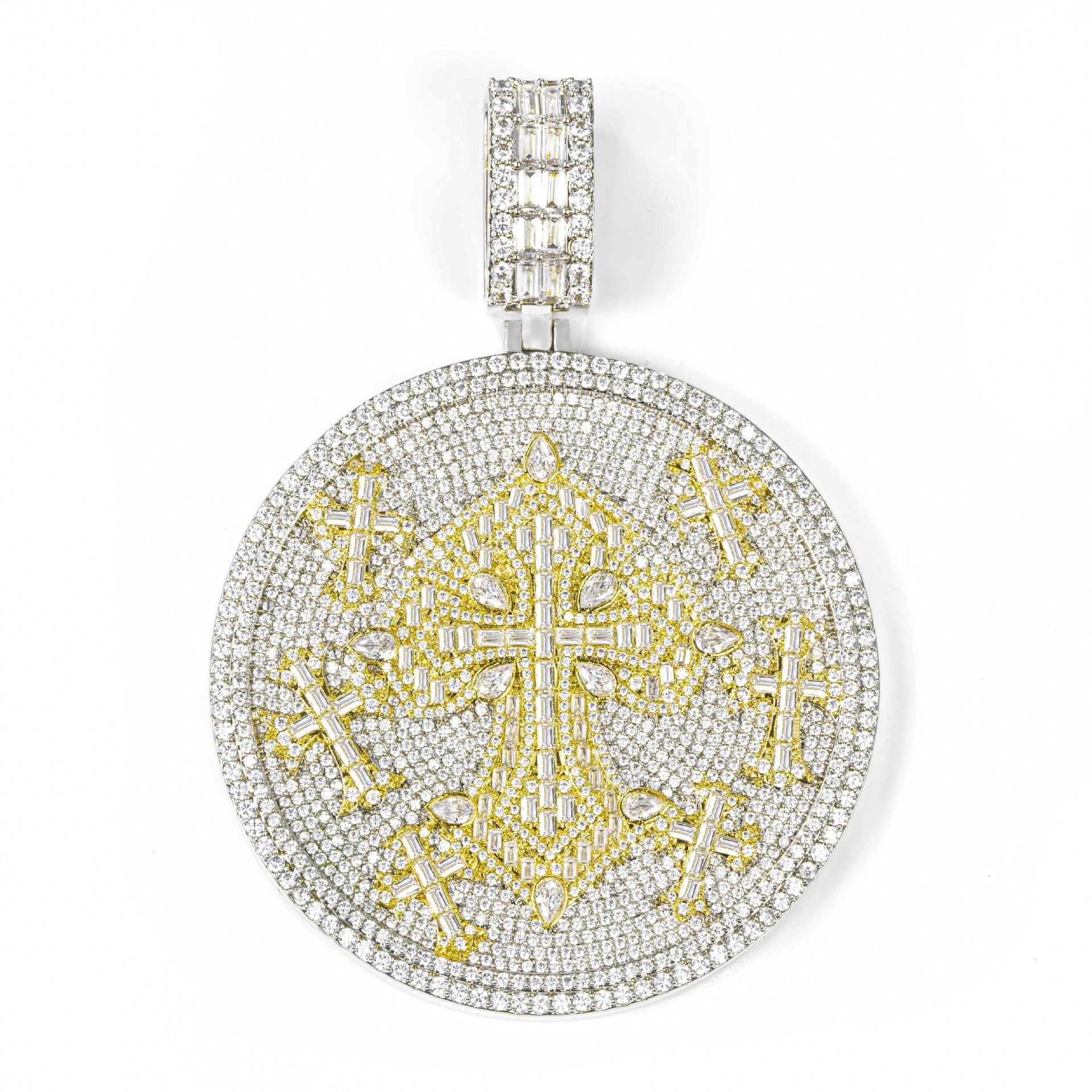 Iced Out Moissanite Round Cross Pendant — VVS Gold Plated Hip Hop Medallion Necklace 24" Rope Chain, White Gold / Two-Tone 3mm Rope Chain 24" - KRWN Fine Jewelry
