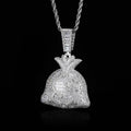 Iced Out Money Bag Pendant – Dollar Sign Baguette $ Charm Necklace | Hip Hop Bling Jewelry | 24" Rope Chain Included White Gold - KRWN Fine Jewelry
