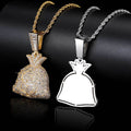 Iced Out Money Bag Pendant – Dollar Sign Baguette $ Charm Necklace | Hip Hop Bling Jewelry | 24" Rope Chain Included White Gold - KRWN Fine Jewelry