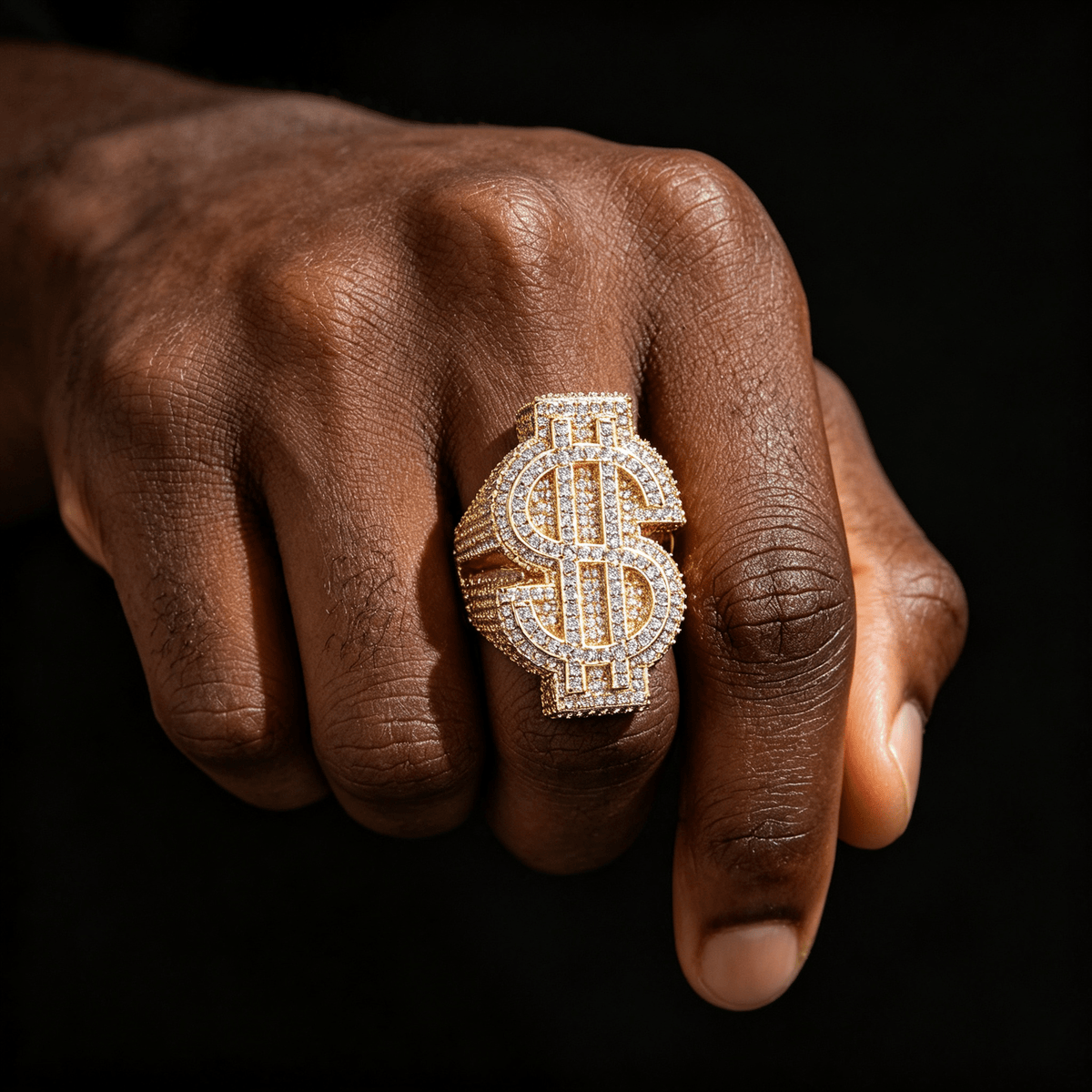 Iced Out Money Sign Moissanite Ring – S925 Sterling Silver Dollar Sign ($) Pinky Ring, Hip Hop Iced Jewelry for Men, US Size 7-11 | GRA Certified Gold - KRWN Fine Jewelry