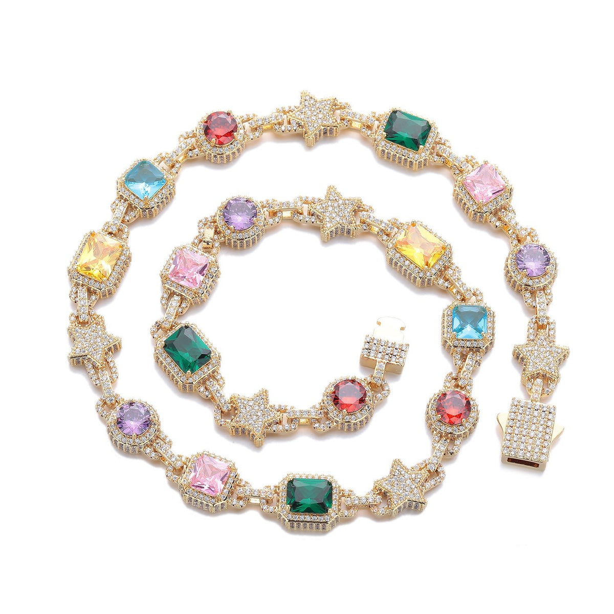 Iced Out Multicolor Star Choker Necklace CZ Gemstone Hip Hop Jewelry Gold - KRWN Fine Jewelry
