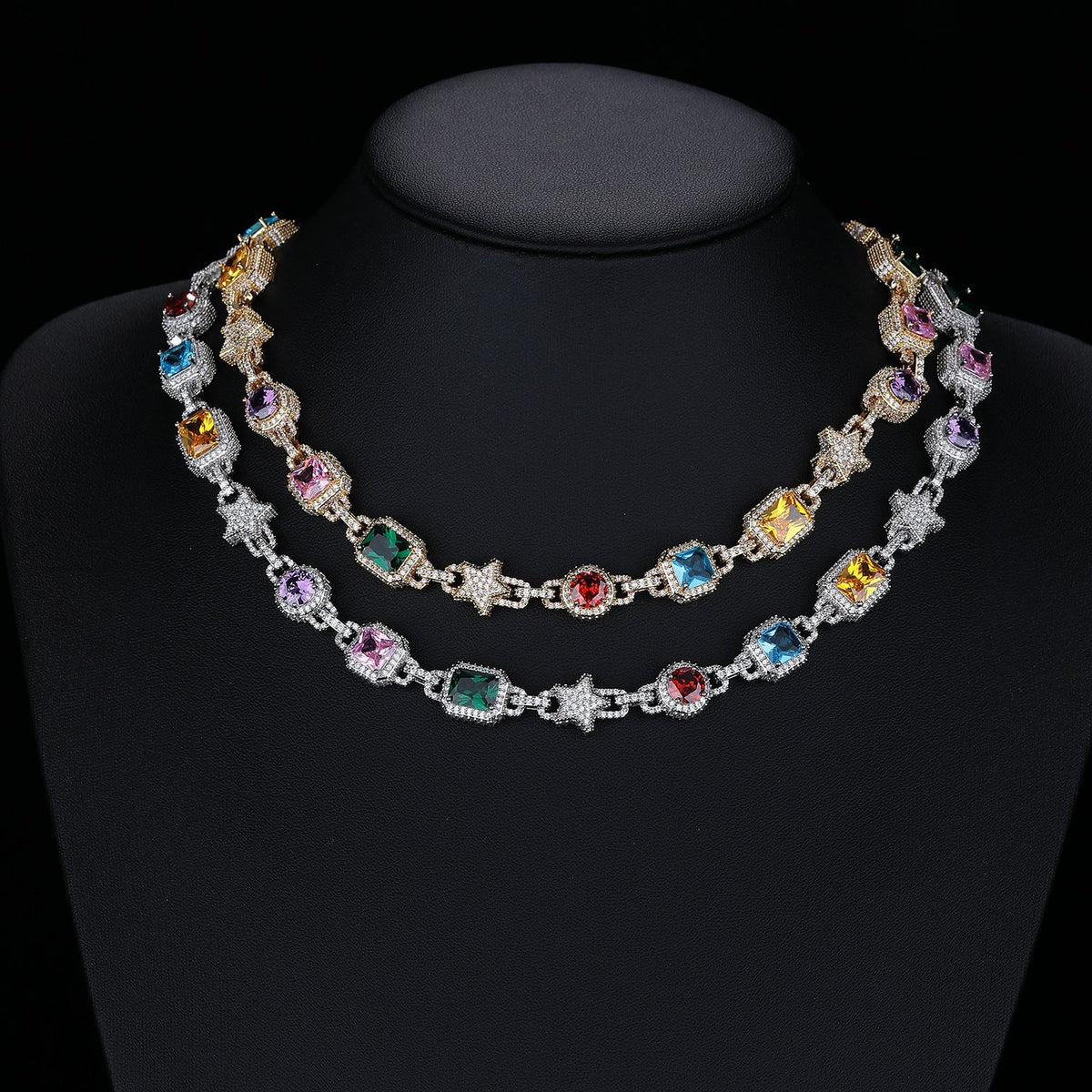 Iced Out Multicolor Star Choker Necklace CZ Gemstone Hip Hop Jewelry Gold - KRWN Fine Jewelry