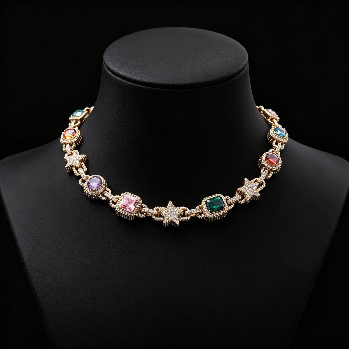 Iced Out Multicolor Star Choker Necklace CZ Gemstone Hip Hop Jewelry Gold - KRWN Fine Jewelry