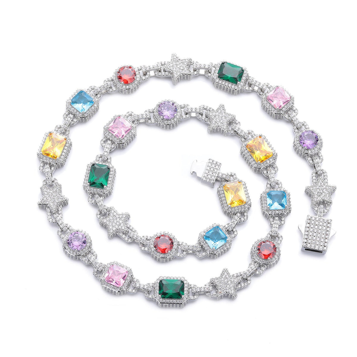 Iced Out Multicolor Star Choker Necklace CZ Gemstone Hip Hop Jewelry Silver - KRWN Fine Jewelry