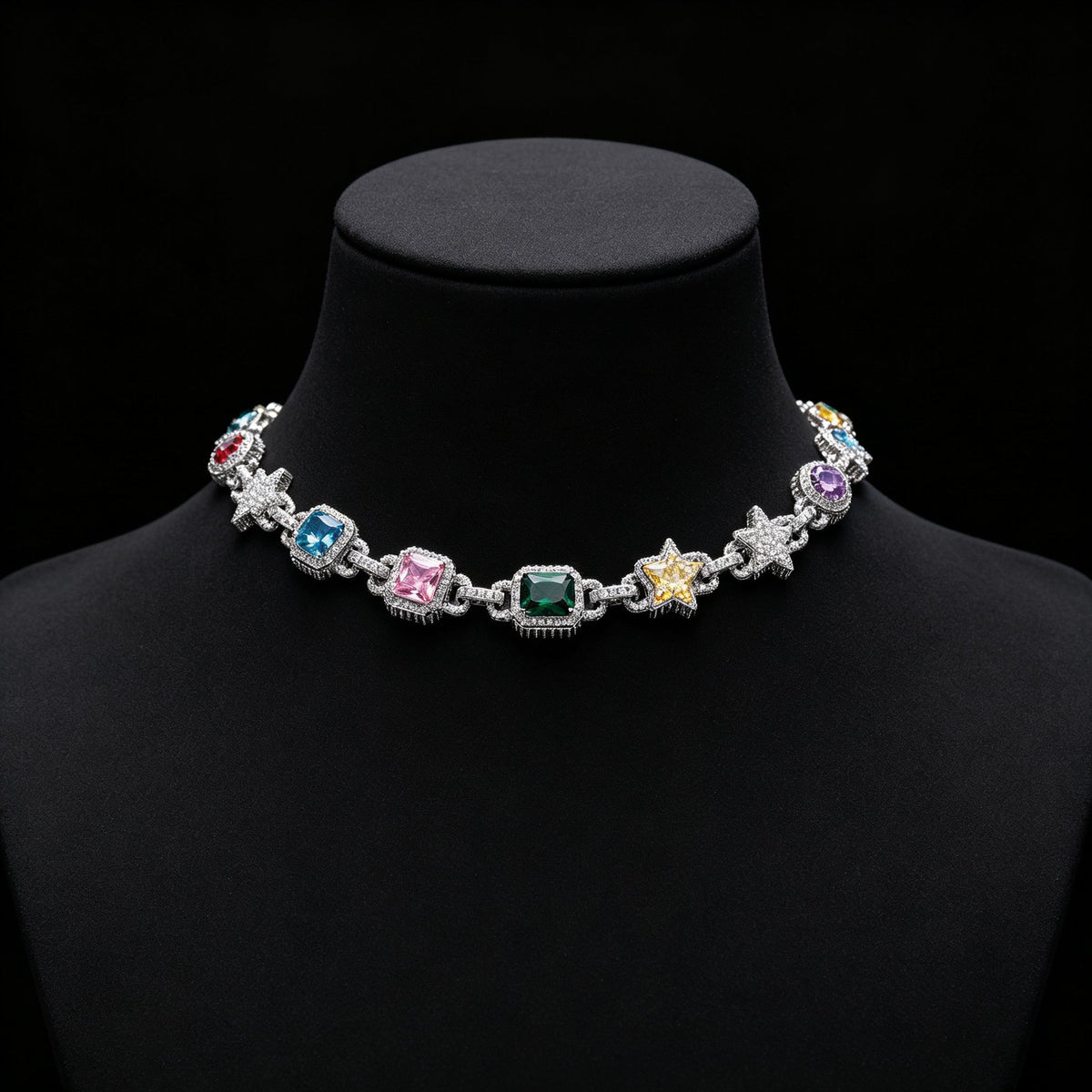 Iced Out Multicolor Star Choker Necklace CZ Gemstone Hip Hop Jewelry Silver - KRWN Fine Jewelry