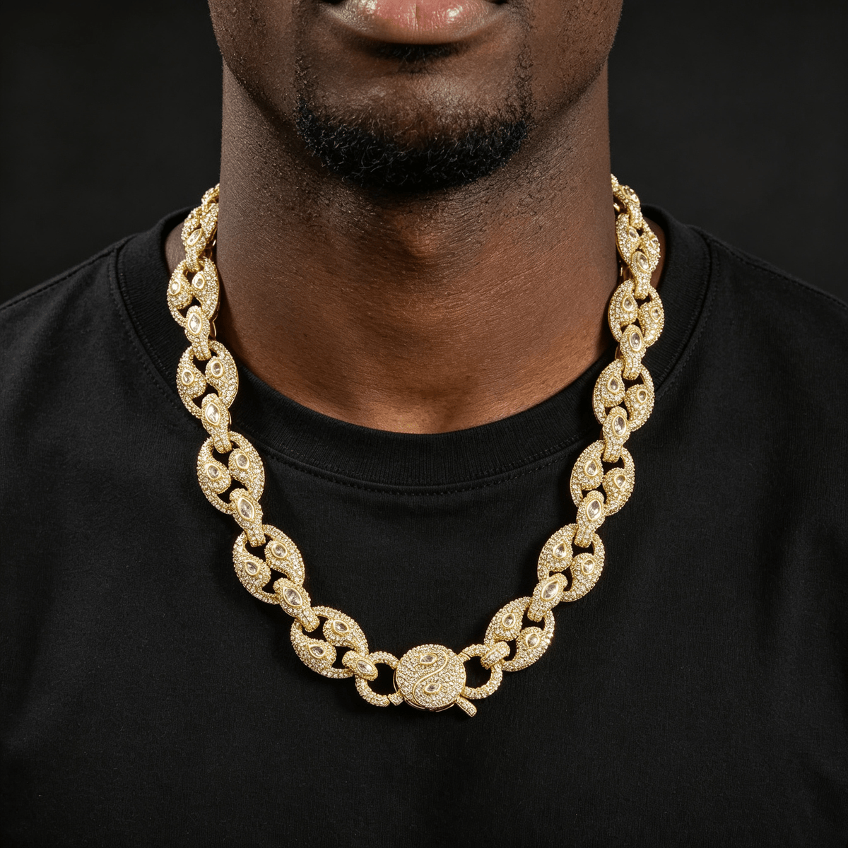 Iced Out Pig Nose Moissanite Chain Necklace 15mm – Marquise Oval Link Hip Hop Jewelry for Men, Copper Gold/White Gold Plated Iced Chain, 16"-24" | GRA Certified Gold - KRWN Fine Jewelry