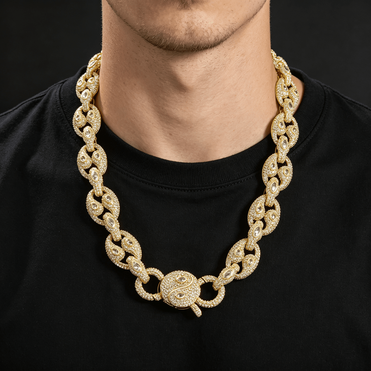 Iced Out Pig Nose Moissanite Chain Necklace 15mm – Marquise Oval Link Hip Hop Jewelry for Men, Copper Gold/White Gold Plated Iced Chain, 16"-24" | GRA Certified Gold - KRWN Fine Jewelry