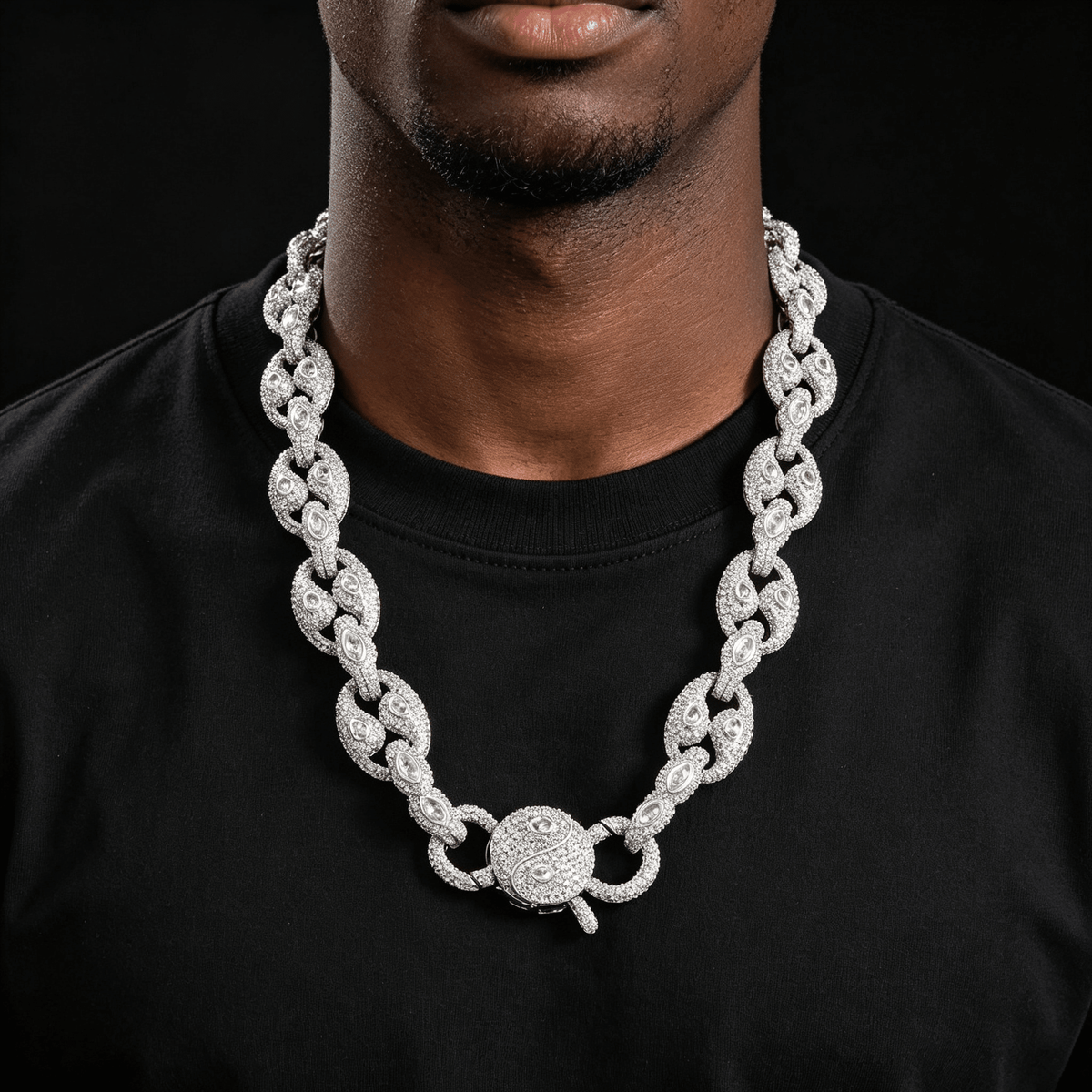 Iced Out Pig Nose Moissanite Chain Necklace 15mm – Marquise Oval Link Hip Hop Jewelry for Men, Copper Gold/White Gold Plated Iced Chain, 16"-24" | GRA Certified White Gold - KRWN Fine Jewelry