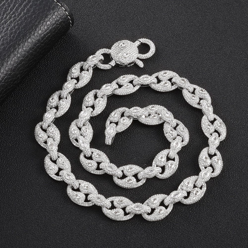 Iced Out Pig Nose Moissanite Chain Necklace 15mm – Marquise Oval Link Hip Hop Jewelry for Men, Copper Gold/White Gold Plated Iced Chain, 16"-24" White Gold - KRWN Fine Jewelry