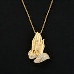 Iced Out Praying Hands Pendant Necklace - CZ 24" Rope Chain Hip Hop Religious Jewelry Gold - KRWN Fine Jewelry