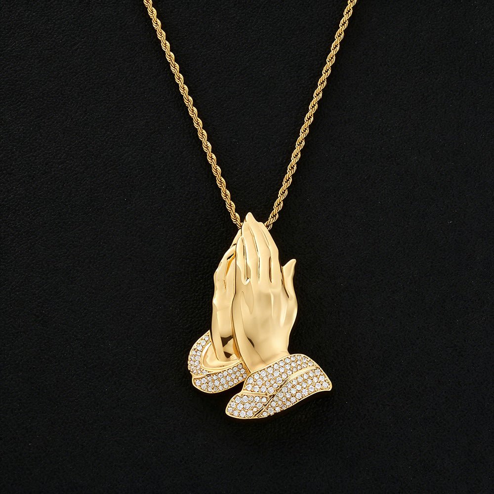 Iced Out Praying Hands Pendant Necklace - CZ 24" Rope Chain Hip Hop Religious Jewelry Gold - KRWN Fine Jewelry