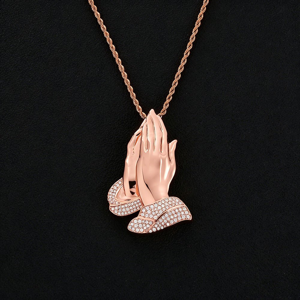 Iced Out Praying Hands Pendant Necklace - CZ 24" Rope Chain Hip Hop Religious Jewelry Rose Gold - KRWN Fine Jewelry