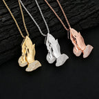 Iced Out Praying Hands Pendant Necklace - CZ 24" Rope Chain Hip Hop Religious Jewelry Rose Gold - KRWN Fine Jewelry