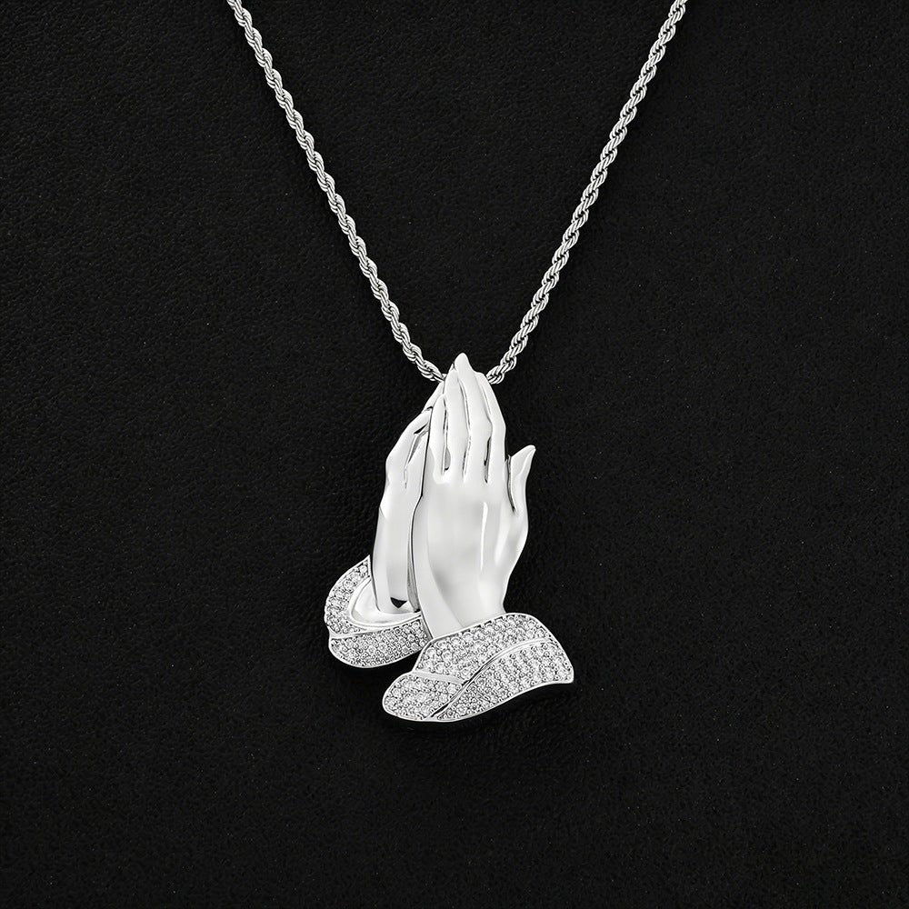 Iced Out Praying Hands Pendant Necklace - CZ 24" Rope Chain Hip Hop Religious Jewelry White Gold - KRWN Fine Jewelry