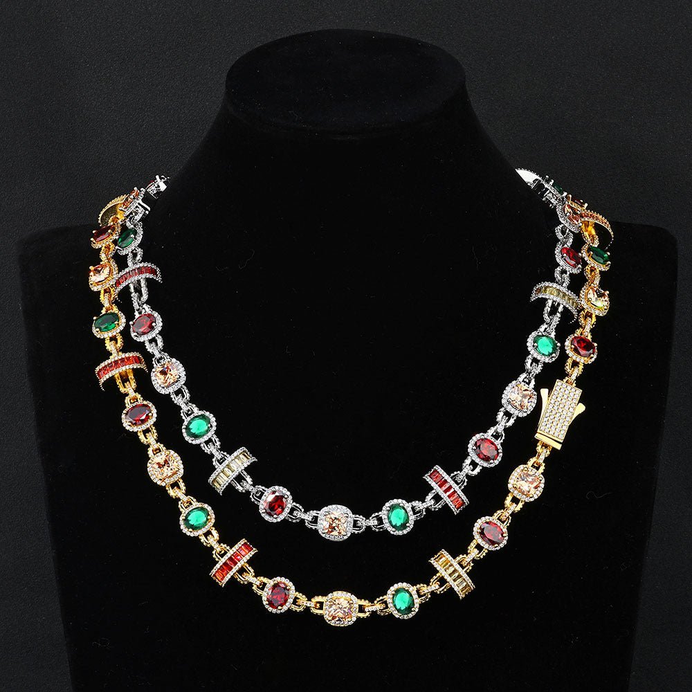 Iced Out Rainbow Moissanite Chain Necklace for Men – Multi Color Gemstone S925 Silver Hip Hop Jewelry 16-24 Inch Silver - KRWN Fine Jewelry