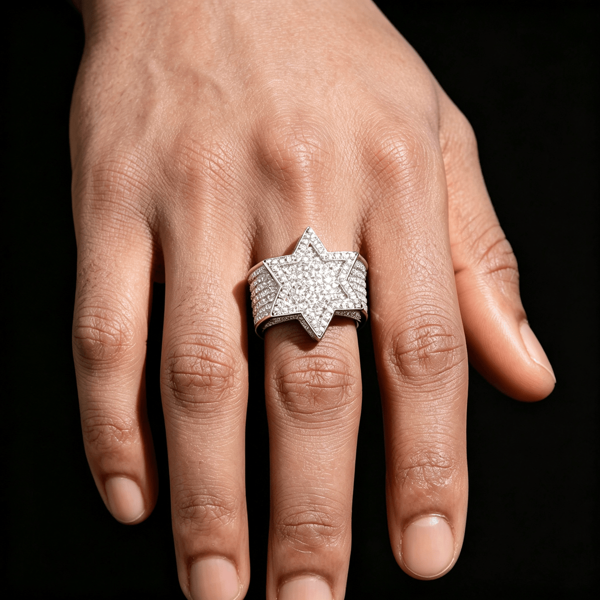 Iced Out Six Point Star Ring – Full CZ Hexagram Hip Hop Statement Ring for Men & Women | Esekeem White Gold - KRWN Fine Jewelry