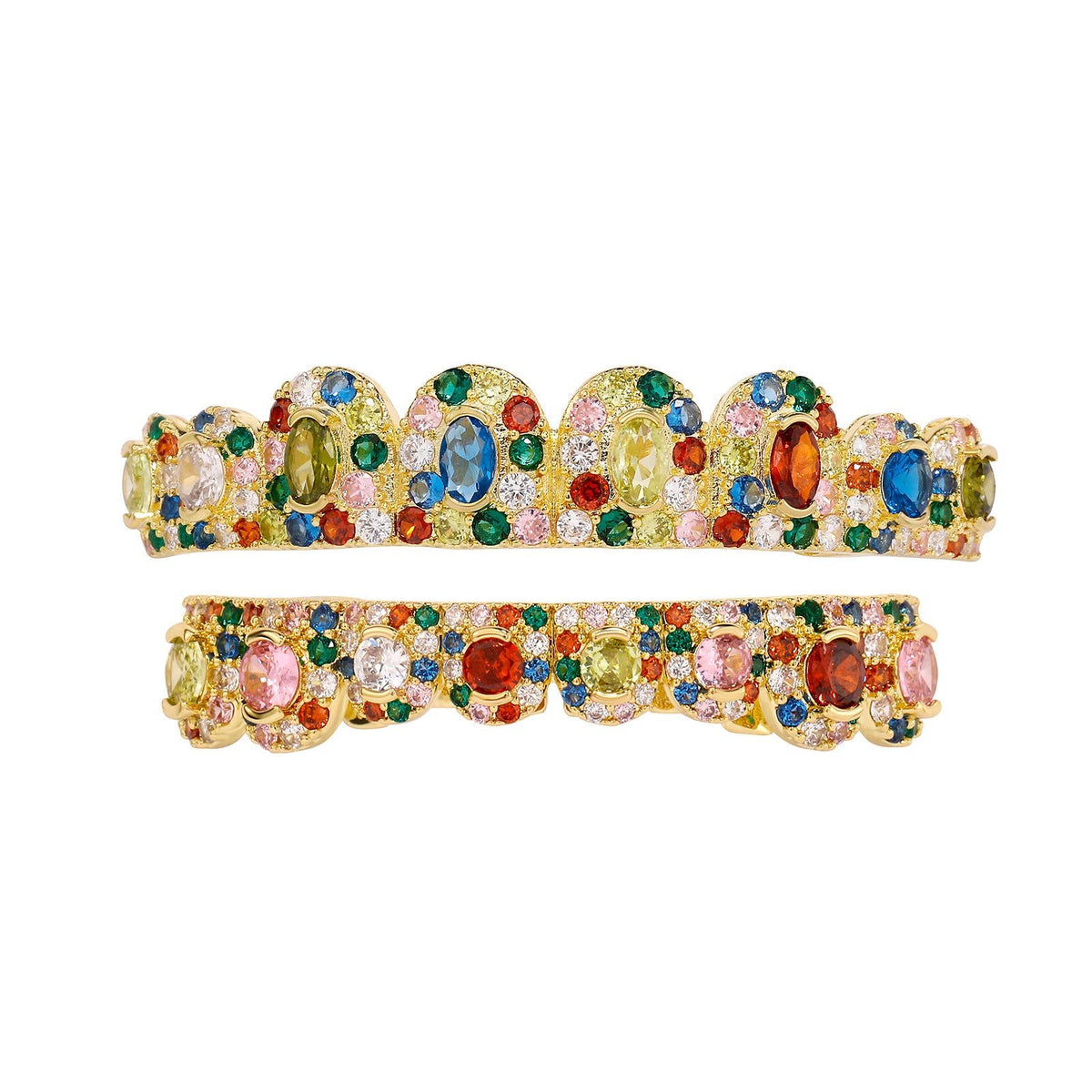 Iced Out Teeth Grillz Set CZ Diamond Gold Silver Rose Gold Hip Hop Gold colored rhinestone set - KRWN Fine Jewelry