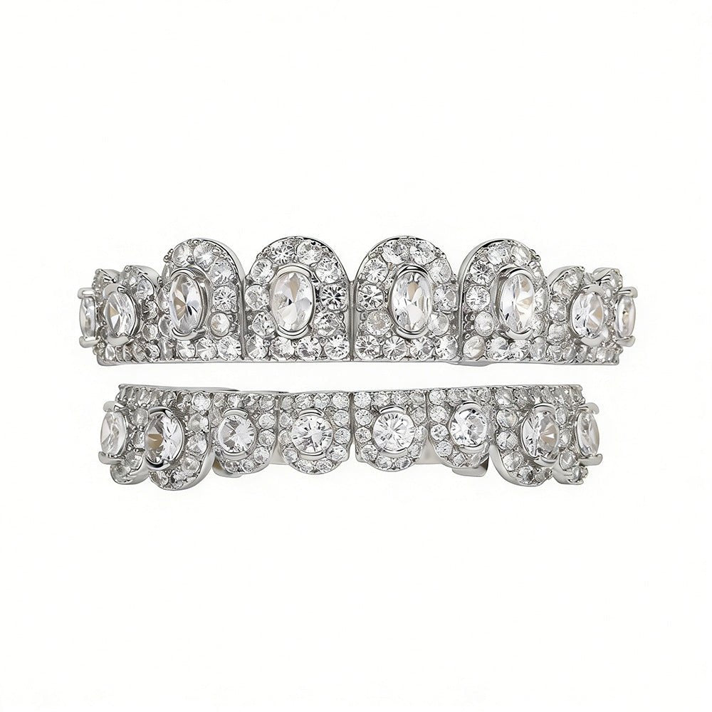 Iced Out Teeth Grillz Set CZ Diamond Gold Silver Rose Gold Hip Hop Silver - KRWN Fine Jewelry