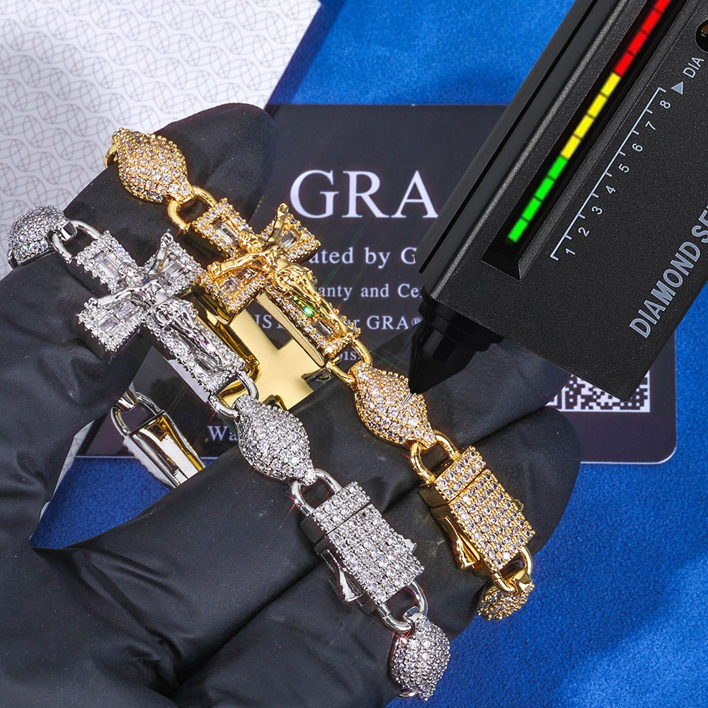 Moissanite Jesus Cross Bracelet for Men – S925 Silver Baguette Hip Hop Bangle 7-9 Inch Gold - KRWN Fine Jewelry