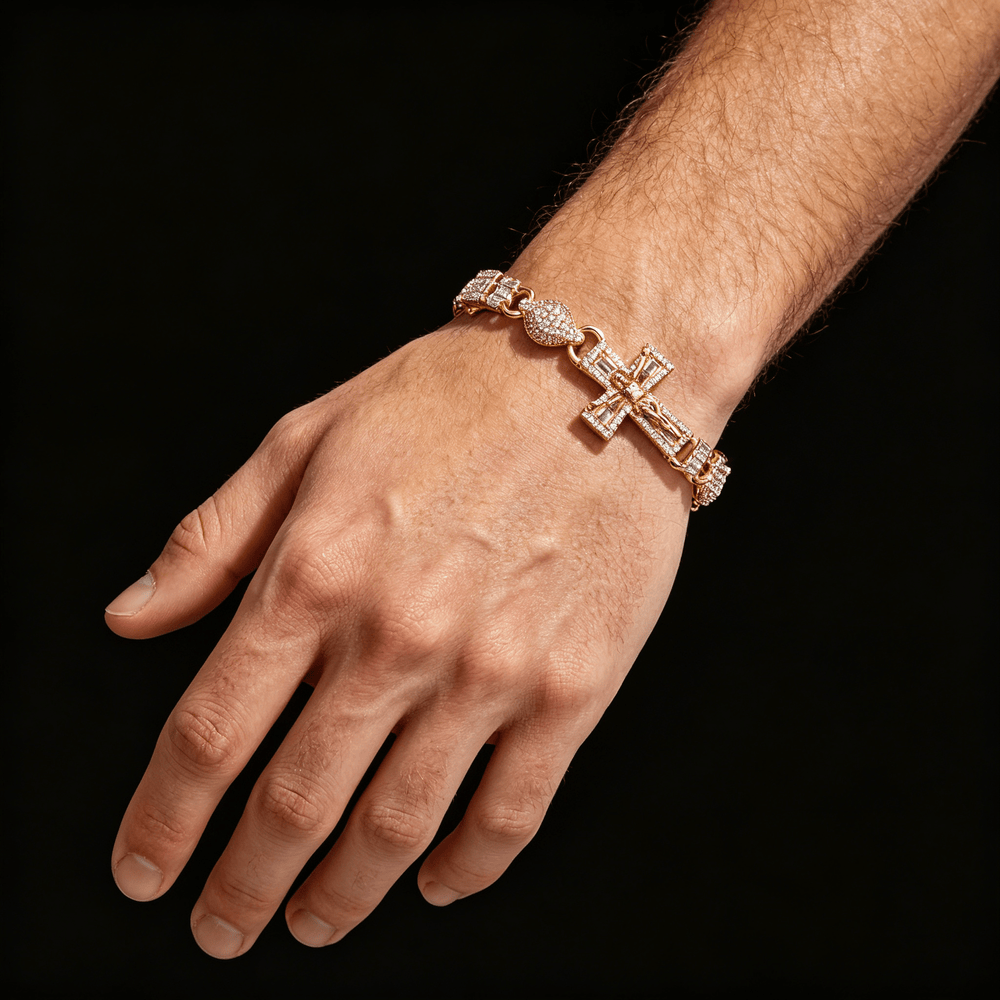 Moissanite Jesus Cross Bracelet for Men – S925 Silver Baguette Hip Hop Bangle 7-9 Inch | GRA Certified Silver - KRWN Fine Jewelry