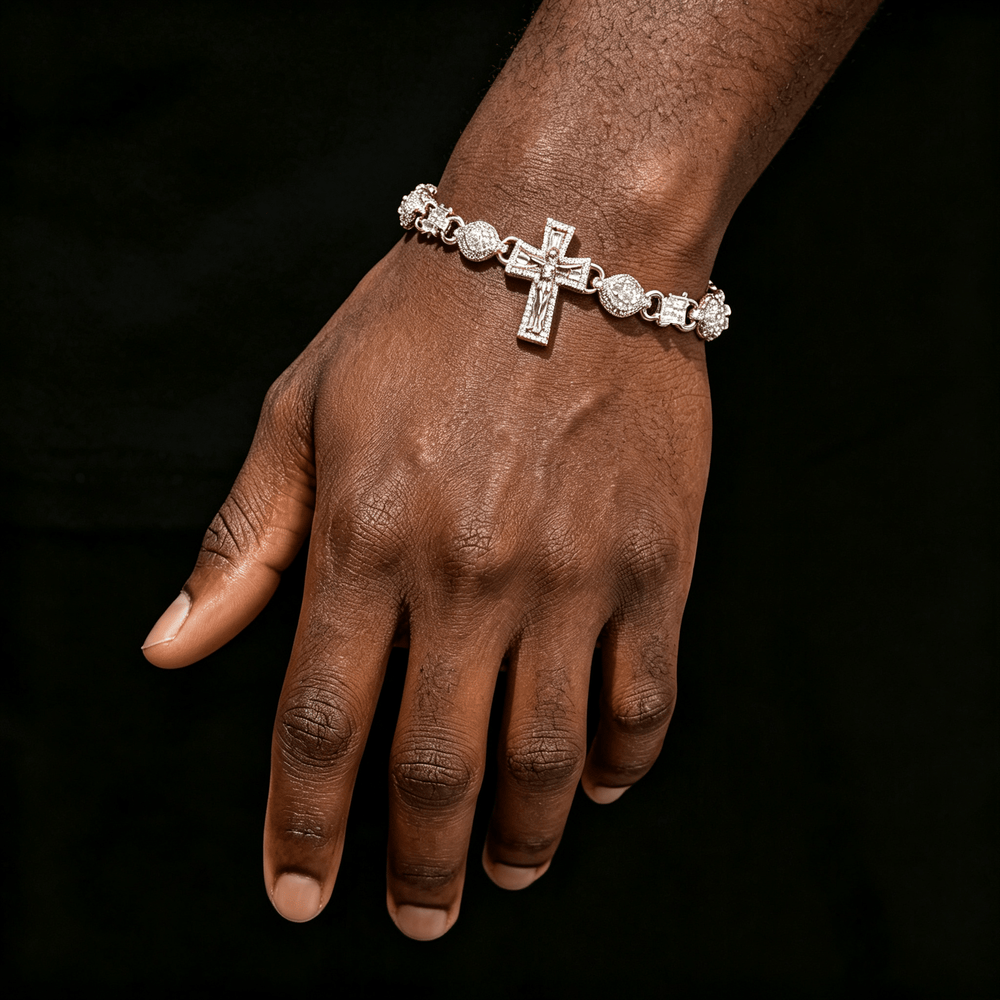 Moissanite Jesus Cross Bracelet for Men – S925 Silver Baguette Hip Hop Bangle 7-9 Inch | GRA Certified Silver - KRWN Fine Jewelry