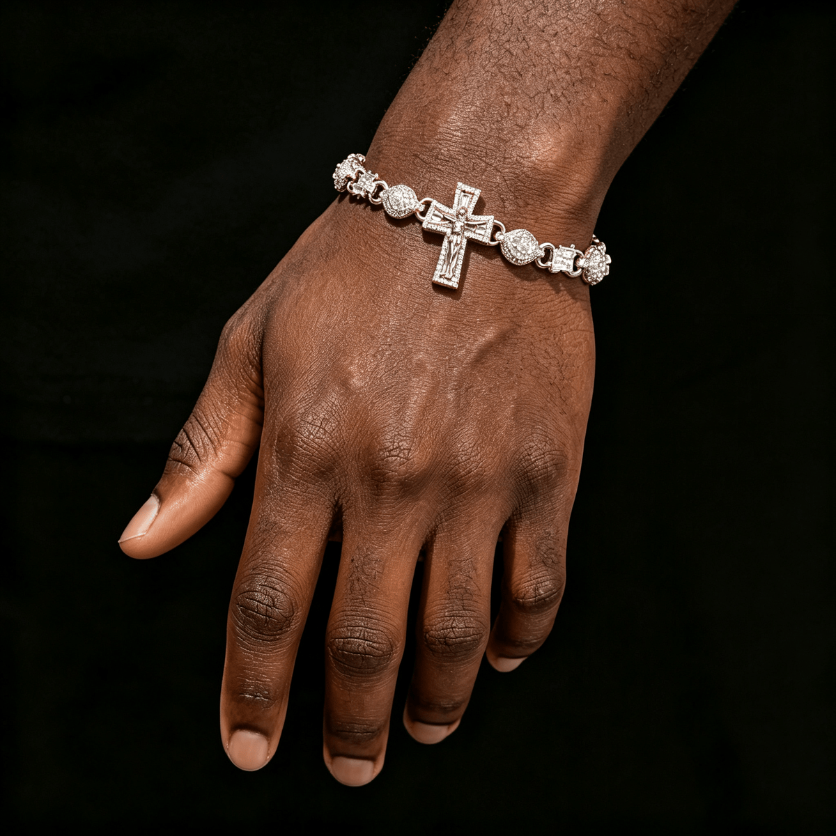 Moissanite Jesus Cross Bracelet for Men – S925 Silver Baguette Hip Hop Bangle 7-9 Inch | GRA Certified Silver - KRWN Fine Jewelry