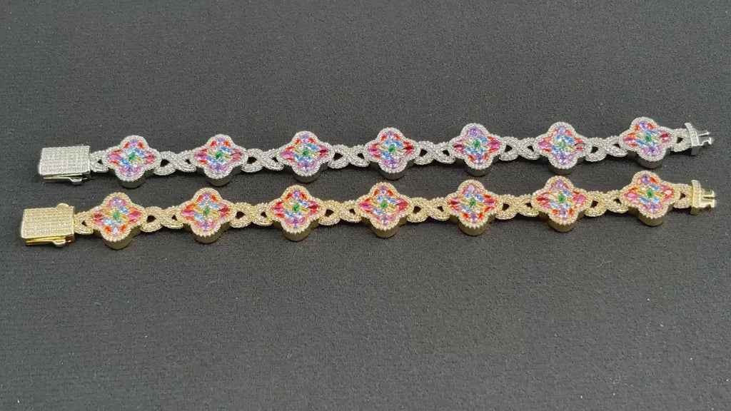 Iced Out Four-Leaf Clover Bracelet — 11mm Rainbow CZ Star Link, Gold Plated Hip Hop Tennis Bracelet for Men & Women
