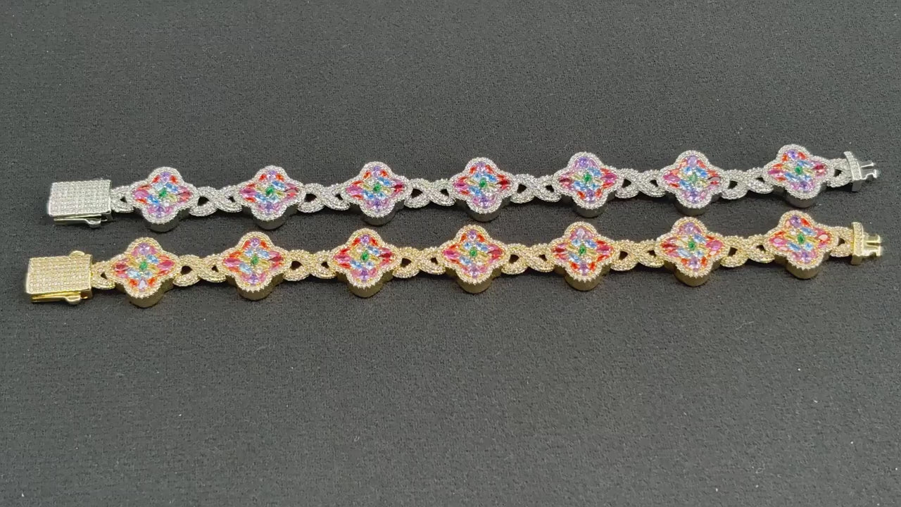Iced Out Four-Leaf Clover Bracelet — 11mm Rainbow CZ Star Link, Gold Plated Hip Hop Tennis Bracelet for Men & Women