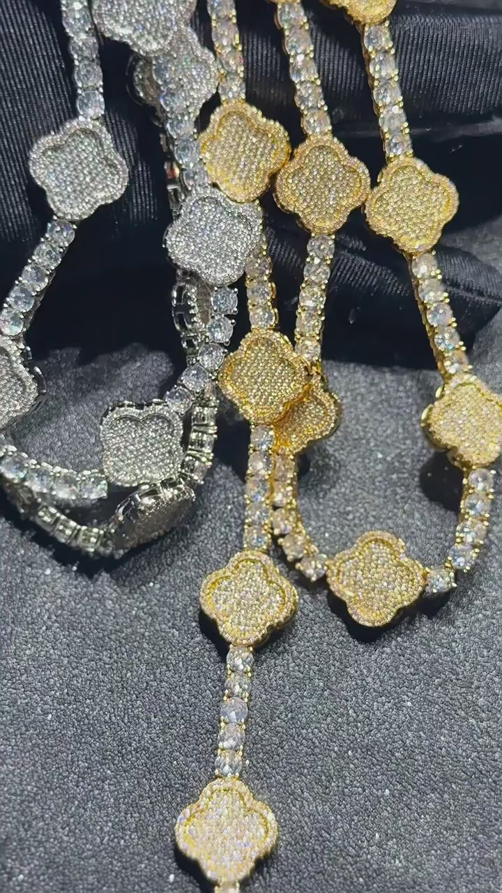 Iced Out Four Leaf Clover Tennis Chain & Bracelet Set – Gold Plated CZ Hip Hop Jewelry for Men