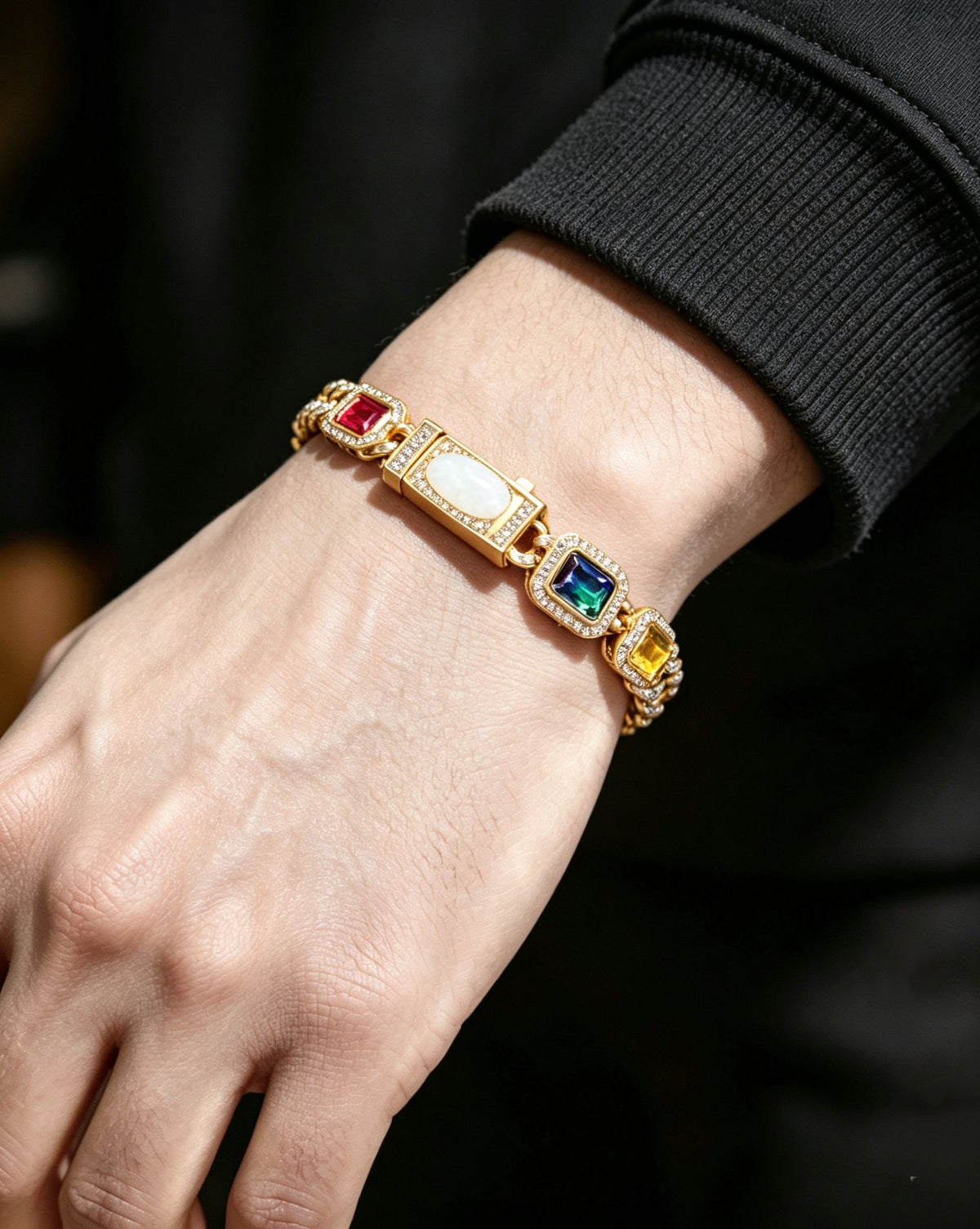 S925 Silver Multi-Gemstone Halo Tennis Bracelet – Moissanite-Iced Opal Ruby Sapphire Emerald Hip Hop Bracelet for Women | GRA Certified Gold - KRWN Fine Jewelry