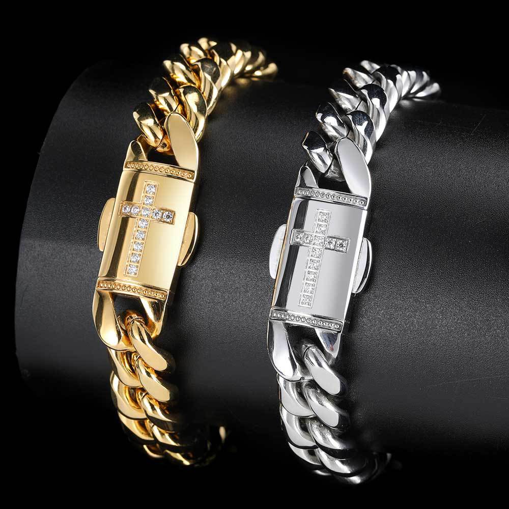 S925 Sterling Silver Cross Cuban Bracelet, 12mm Chunky Width, Hip Hop Iced Diamond Clasp, Titanium Steel Anti-fade Jewelry for Men & Women Gold - KRWN Fine Jewelry