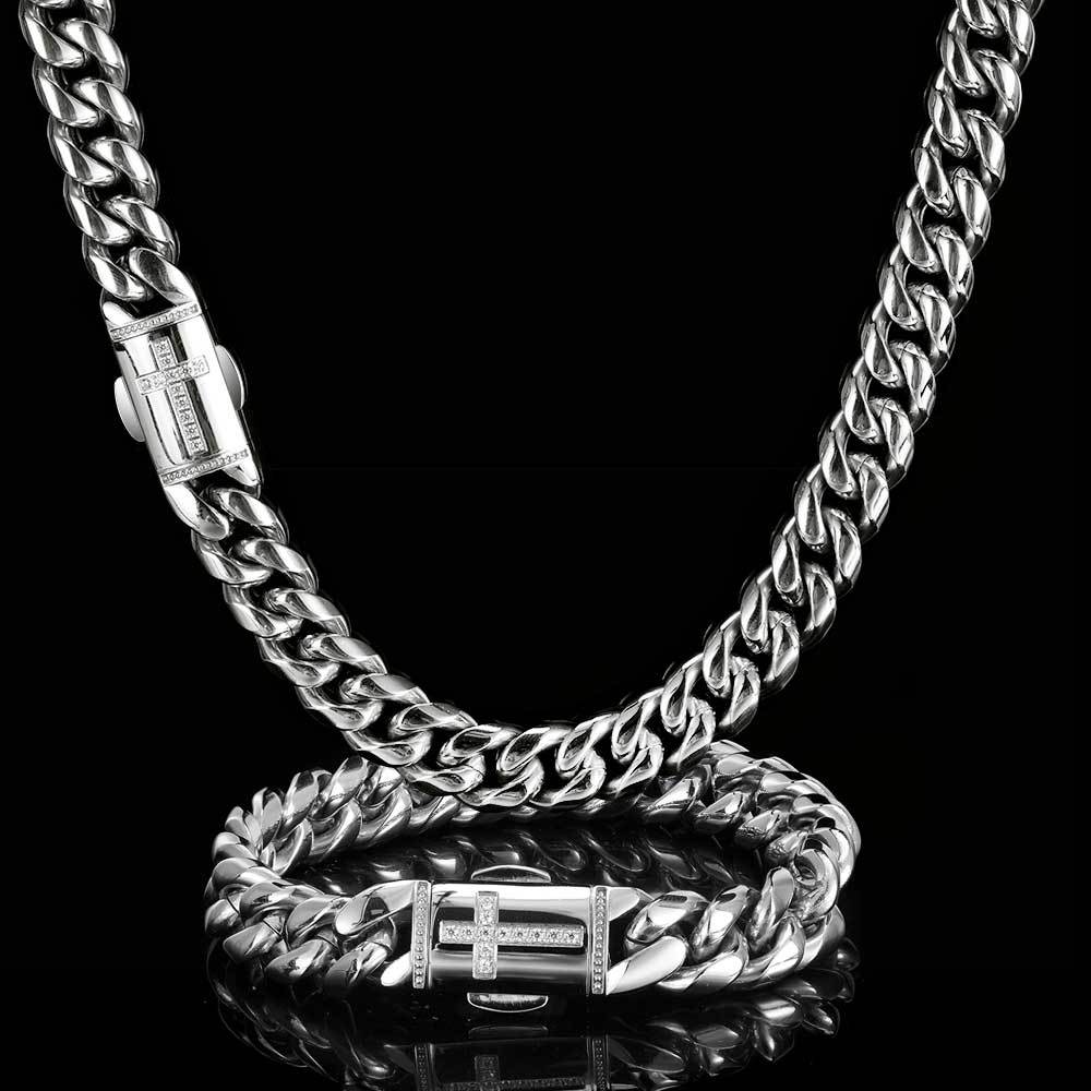 S925 Sterling Silver Cross Cuban Bracelet, 12mm Chunky Width, Hip Hop Iced Diamond Clasp, Titanium Steel Anti-fade Jewelry for Men & Women silver - KRWN Fine Jewelry