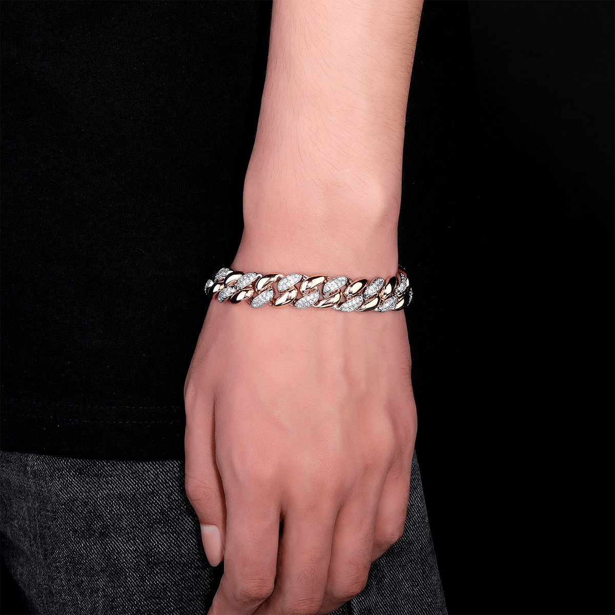 Two-Tone Iced Out Cuban Link Bracelet - 9mm Alternating CZ 18K Gold Plated Hip Hop Two-Tone - KRWN Fine Jewelry