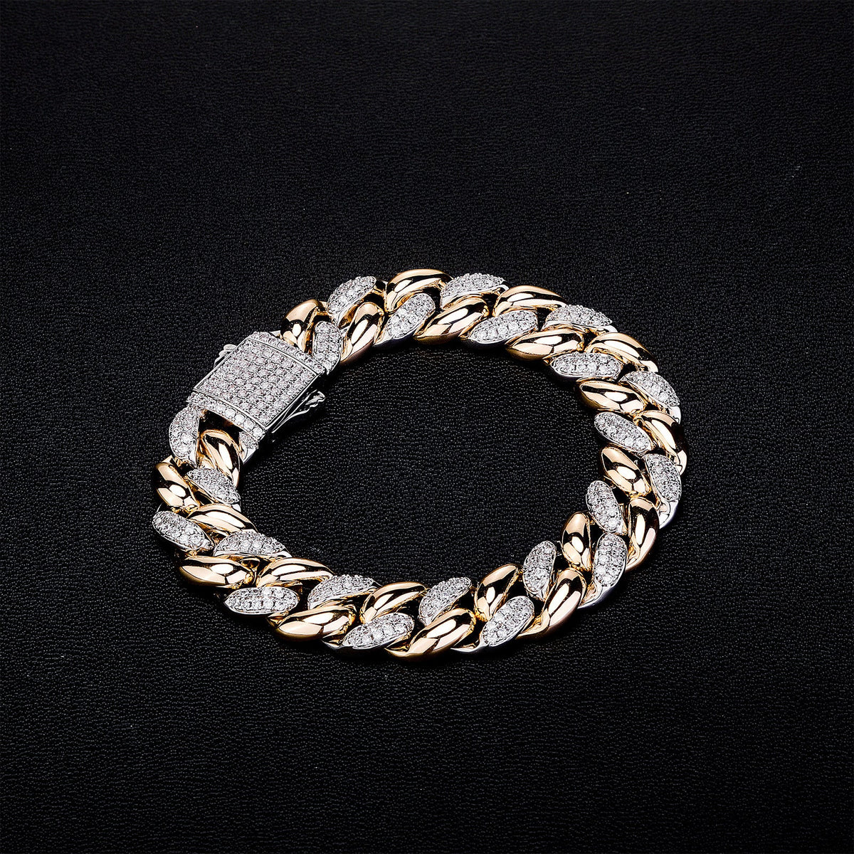 Two-Tone Iced Out Cuban Link Bracelet - 9mm Alternating CZ 18K Gold Plated Hip Hop Two-Tone - KRWN Fine Jewelry