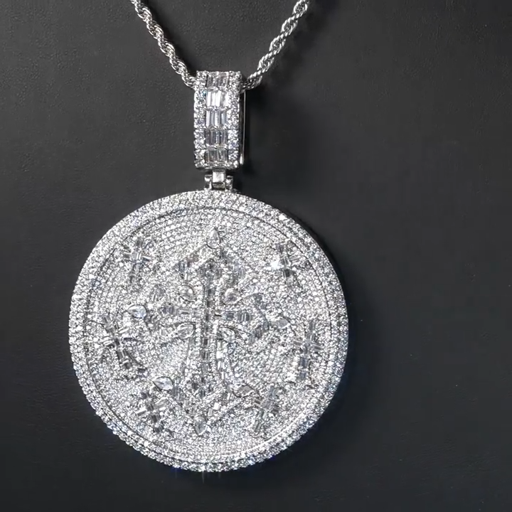 Iced Out Moissanite Round Cross Pendant — VVS Gold Plated Hip Hop Medallion Necklace 24" Rope Chain, White Gold / Two-Tone